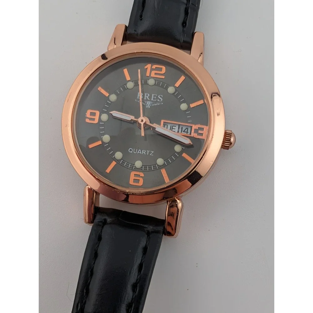 Bres Watch Women 28mm Rose Gold Case Black Leather Band- New‎ Battery